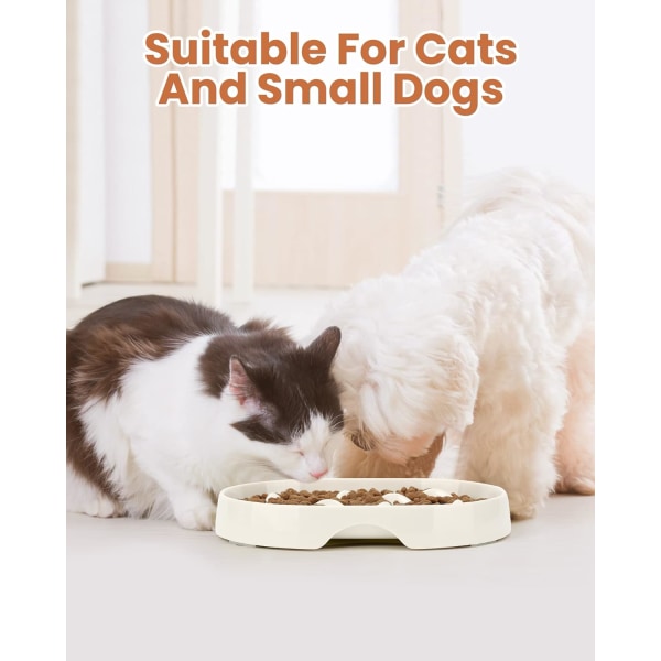 Slow Feeder Cat Bowl Anti-opkastning, Hævet kant Spildsikker Slow Food Cat Bowl til vådfoder/tørfoder, sunde kostholdsskåle til kæledyr (ovale-hvide) White