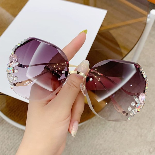 Nye Vintage Rimless Diamant Solbriller, Dame Oversized Rimless Gradient Diamant Skærende Linse UV Beskyttelse Solbriller (Grå) Gray