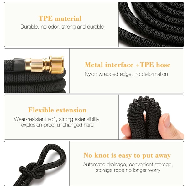 15m/50ft Udvidelig haveslange, fleksibel 8-vejs vandingsslange med solide messingfittings og 4-kammer latexkerne, justerbar