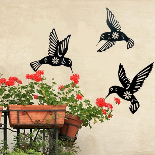 Pakke med 3 metall veggdekorasjon svarte fugler utendørs stue hage kolibri dekorasjon veggdekorasjon metall kolibri til hjemmet
