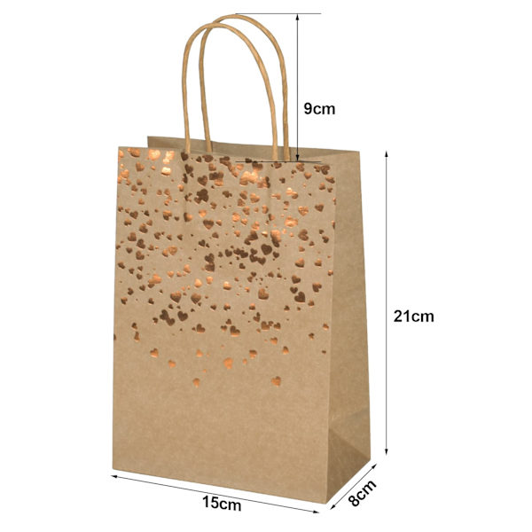 Pakke med 12 papirposer lavet af kraftpapir, papirposer med håndtag, kraftpapir gaveposer, bronzing kraftpose med guld hjerte, brune festpapirposer