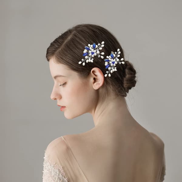 Blomster brude hårnåle perle brud bryllup hår tilbehør rhinestone hår stykke til kvinder og piger (blå)