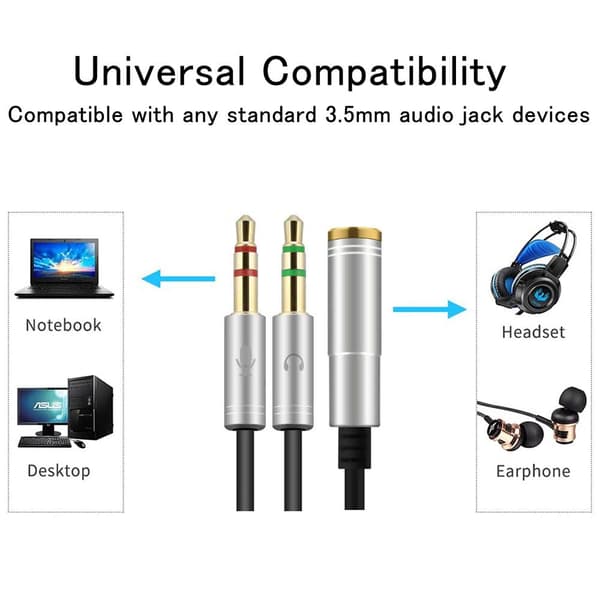 3,5 mm Jack Adapter, 3,5 mm Hon till 2 Dubbla Hane Jack Audio Kabel Splitter Adapter (2 st) silver