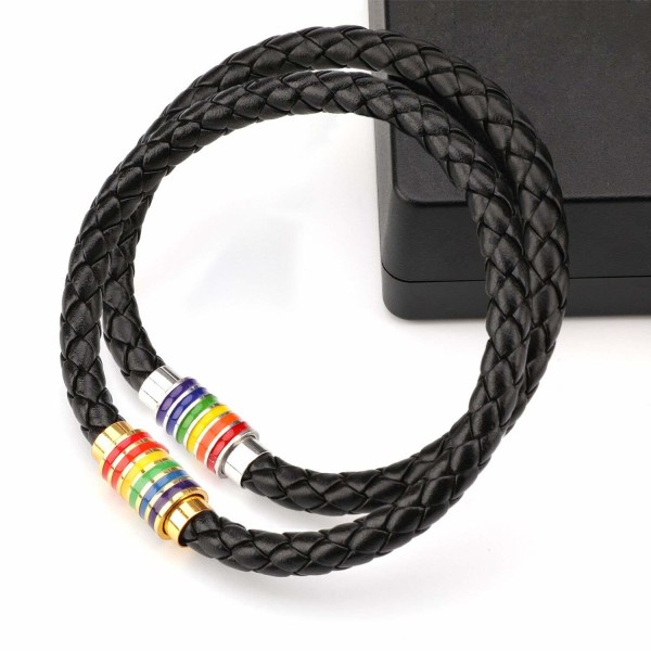 Gay Pride armband regnbågsarmband (2 förpackningar), par svart läderarmband herrarmband för kvinnor med regnbågsrandigt