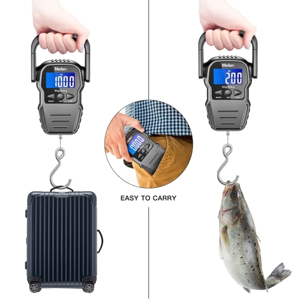 Bagasjevekt med målebånd, 110 lb/50 kg digital fiskevekt med krok og håndtak, bagasjevekt med bakgrunnsbelyst LCD-skjerm