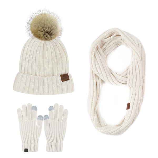 Naisten talvihattu huivi set 3 kpl neulottua hattua lämpimämpi huivi lämmin neulottu pipo villahattu white