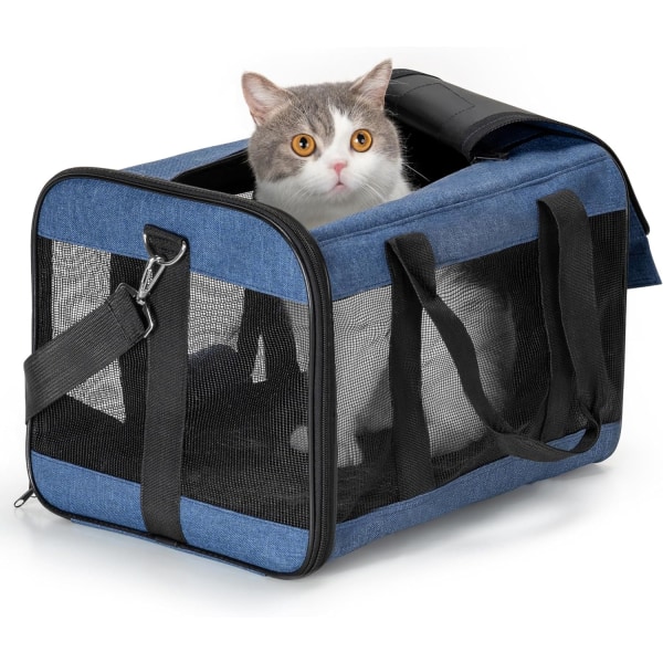 Bærbart bur for kjæledyr, mykt bur for katter, sammenleggbart, slitesterkt, flyselskaps-godkjent, reisevennlig (42*28*28cm, blått) Navy blue