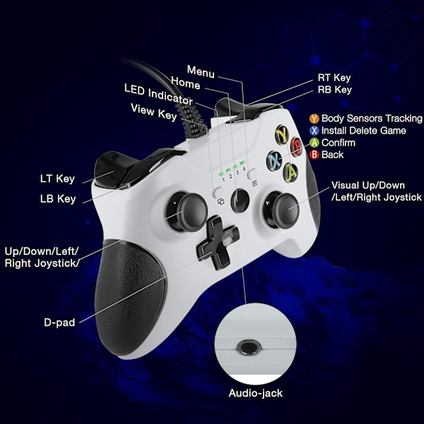 Kablet controller til Xbox One, kablet spilcontroller med tilstandskontrol, dobbelt vibrationsroman design til Xbox One/X/S/PC med Windows 7/8/10