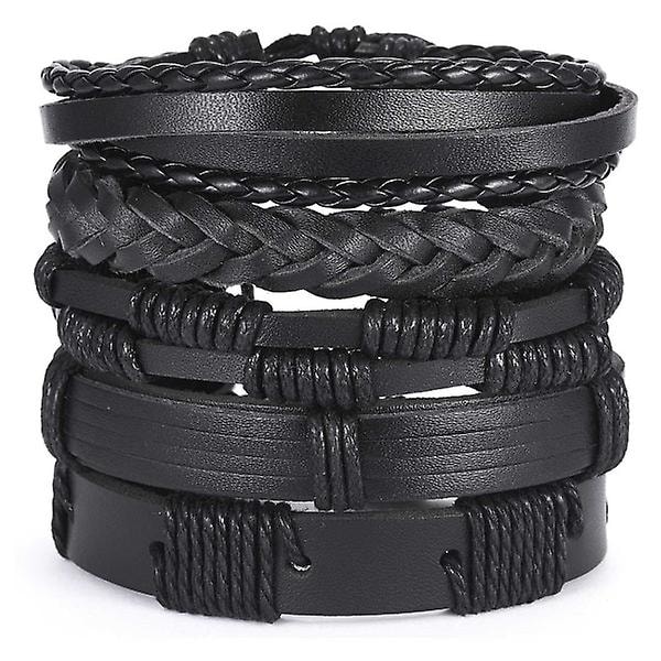 5-pak Håndlavede Læderarmbånd Mænds Armbånd Sort Sort