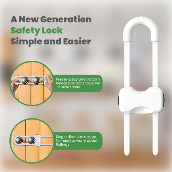 8-pakks skaplåser for barn og barnesikring for både skapknotter og skaphåndtak. U-formet enkeltslide sikkerhetslås for babyskuff