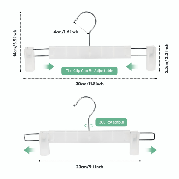 Pakke med 10 bøjler med stærke, justerbare clips med skridsikker funktion, pladsbesparende bøjler til bukser til ophængning af bukser, sokker, nederdele, frakker, sort white