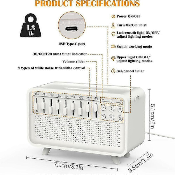 Smart hvid støjmaskine med Bluetooth & natlys, Echo Flame aroma diffuser søvnhjælp lyd Ma