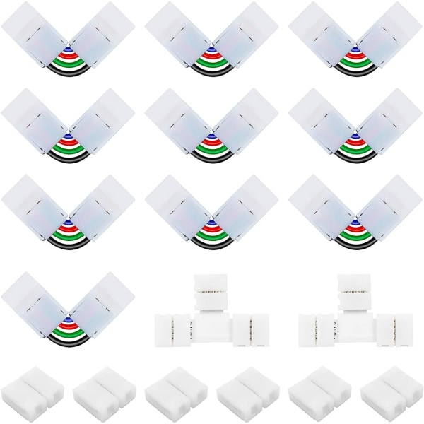 4-stifts 10 mm LED-remsanslutningssats Inkluderar 6 x 10 mm gapless-kontakter, 10 x 4-stifts justerbara vinkel L-formade kontakter, 2 x T-formade kontakter