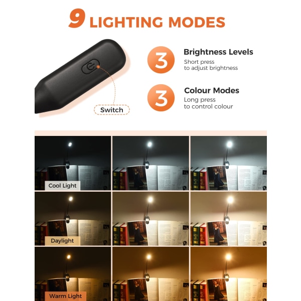 Book Light Clip on Book Reading Light with 9 Eye-Caring Lighting Modes, 80 Hours Runtime Rechargeable Book Light