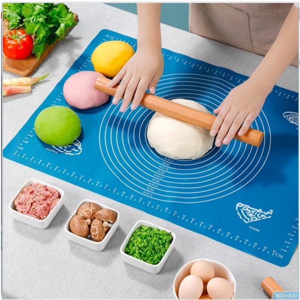 1 Pc Blue 50x40cm Non-Stick and No-Slip Silicone Baking Pastry Mat ，Fondant Mat Dough Rolling Mat with Measurement Cookies Cake Bread Making