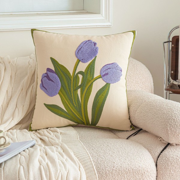 Tulip Embroidered Throw Pillow Case Mother's Day Bedside Pillow Sofa Cushion