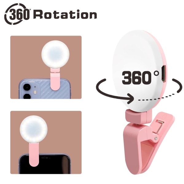 Ringljus, roterande selfie-ringljus, rosa, uppladdningsbar 3-nivå ljusstyrka Clip On Highlight LED Idealisk som present till alla hjärtans dag för kvinnor