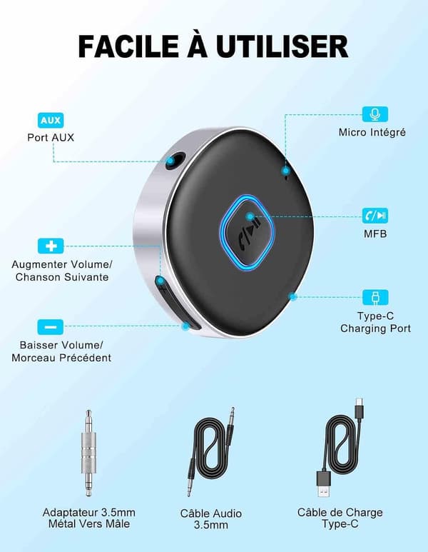 Bluetooth-mottaker for bil, 5.3 Jack Bluetooth-adapter, håndfri Bluetooth-mottaker, dobbel tilkobling