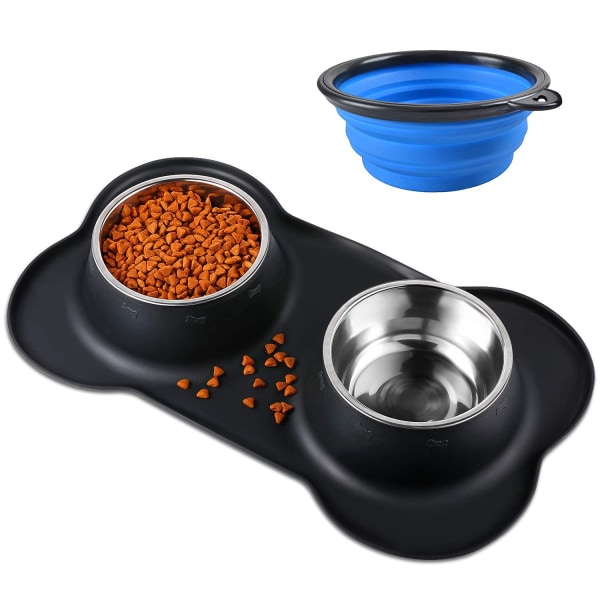 Fôringsskål i rustfritt stål for katter og hunder med silikonbrettmatte