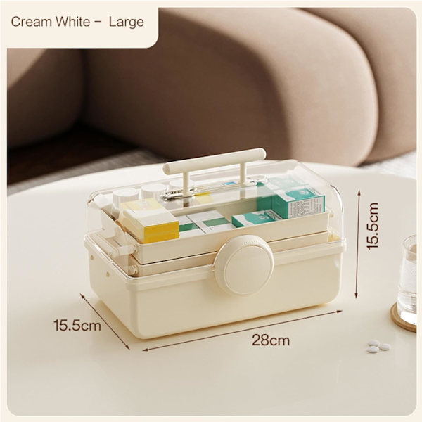 Makeup Organiser, 3-lags opbevaringsboks, stor kapacitet sovesal medicinboks, multifunktionel plastik værktøjskasse (Cremet hvid, 38cm*23cm*26cm) cream