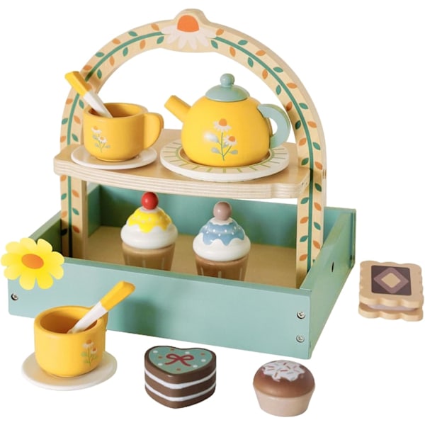 Trä Dessertkaka Te Party Set för Lilla Flickor Leksaker, Lek-Laga Mat Barn Te Set, Trä Lekmat Kökstillbehör Set för Barn