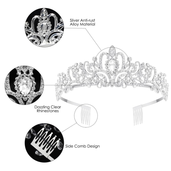 Tiara krystal krone med rhinsten kam til brudekrone, bryllup, galla, skønhedskonkurrence, prinsessefester, bryllupstiara, tiara børn, prinsessekrone WHITE