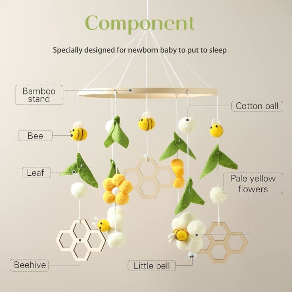 Trä + ullbollar, färska blommor och bin, Wind Chime Rattle skötbord, barnkammare hängande sängklocka, nyfödd present till baby (bi + honeycomb)