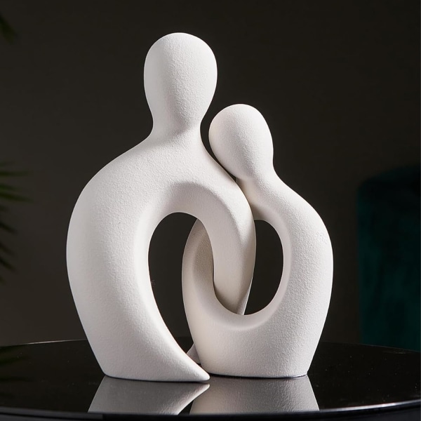 Romantisk hvit keramisk parskulptur for hjemmeinnredning - moderne abstrakt elskerstatue for stue, kontor og soveromsinnredning