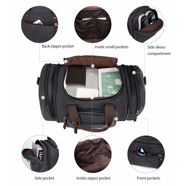 Canvas Duffel Bags Nye To Sidelommer til Udvidelser til Unisex Weekend Daypack Stor Holdall Rejsetaske(Sort)