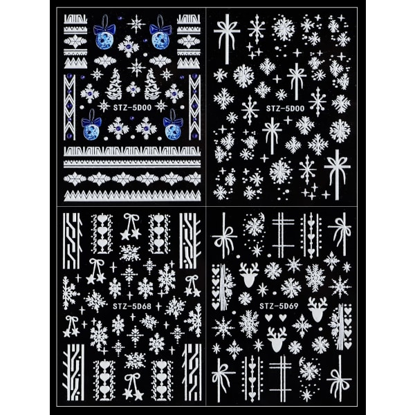 3D-pregede jule-nail Art-klistremerker 4 ark 5D selvklebende blå, hvite snøfnugg Snowman Bells Nail Supplies (kun klistremerker) 4pc