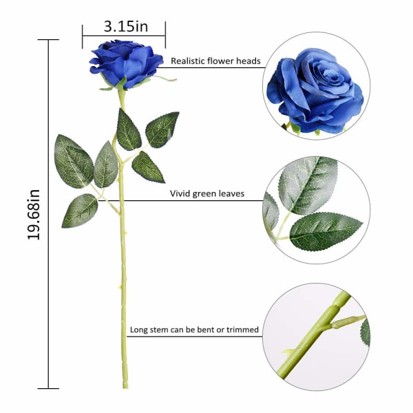 12 kpl keinotekoisia ruusuja, 19,68'' yksittäinen pitkä varsi tekoruusu silkki hääkimppu realistinen kukka kotiin puutarhajuhliin (kukkiva ruusu, sininen) dark blue