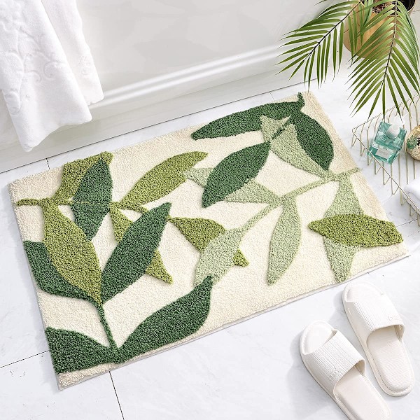 Skridsikker bademåtte, 45 x 65 cm grønne blade badeværelsesgulvmåtte super blød og vandabsorberende, maskinvaskbar mikrofiber badeværelsestæppe til badeværelse Green leaves