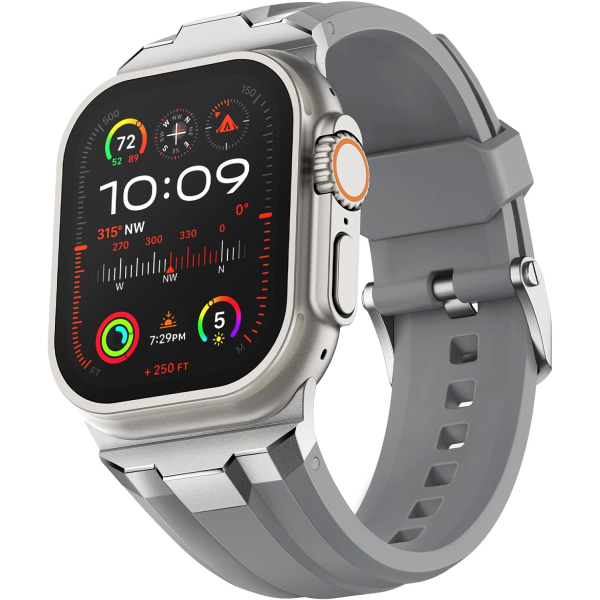 Apple Watch-armband 49 mm 45 mm 44 mm 42 mm, silikonarmband med 316L rostfria stålfästen för iWatch Series 9 8 7 6 5 4 3 2 1 Ultra (grå) silver gray