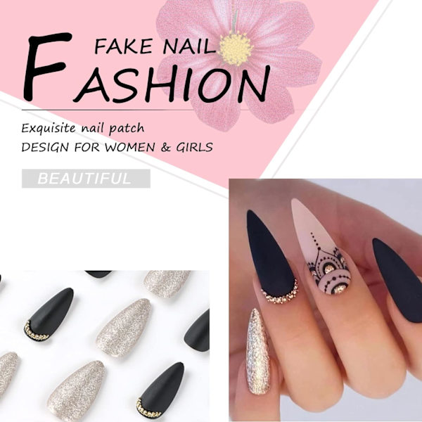 24 kpl tekonkynnet keskikokoiset, Stiletto Frosted Stick on Nails Black Press on Nails with Glue Stickers, Glitter Removable Glue-on Nails Fake Nails Set