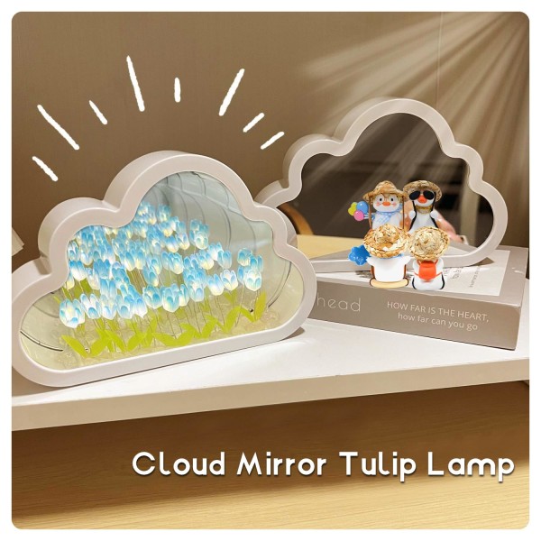 DIY Cloud Mirror Tulpanlampa Creative Room Decoration Light & Mirror 2 i 1 Bärbara LED-sänglampor Romantiska Blomsterljus Batteridriven （Blå）