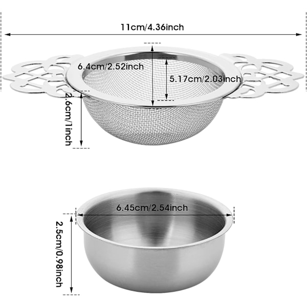 2 stk. små te-si med fintmasket net og skål, te-si i rustfrit stål til løs te, 7 cm diameter, te-filter med dobbelt vinge