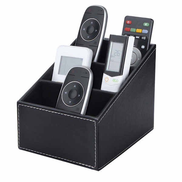Fjernkontrollholder-arrangør med 3 lommer, skinn fjernkontroller TV air condition bordholder oppbevaringsboks med semsket fôr, holder