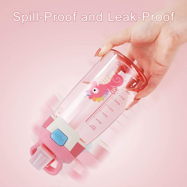 Lasten vesipullo oljella, uudelleenkäytettävä juomapullo kouluun, BPA-vapaa, vuototiivis, 480 ml, vaaleanpunainen, merihevonen Pink