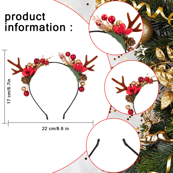 Jouluhiuspanta, Kukkaseppele Poron Sarvipääpanta, Kukka Seppele Päähineet Hiussolki Joulu Hiustarvikkeet (Punainen 1 kpl) Red