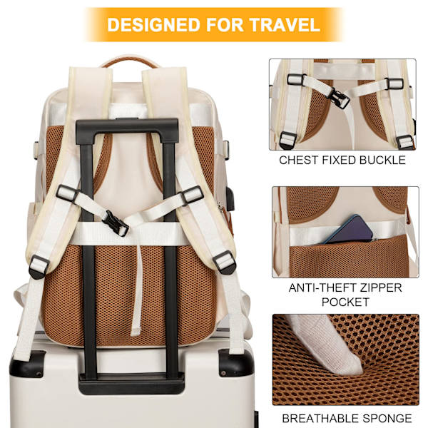 Rejsetaske til bærbar computer, flygodkendt håndbagage, vandtæt stor rygsæk til vandreture (29x24x11,5cm) Beige