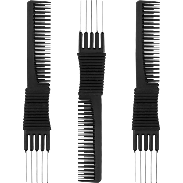 3-paks svarte karbonløftende ertekammer med metallpinne, Salon-tertende ryggkammer, svart karbonkam med rustfritt stålløft (stil A)