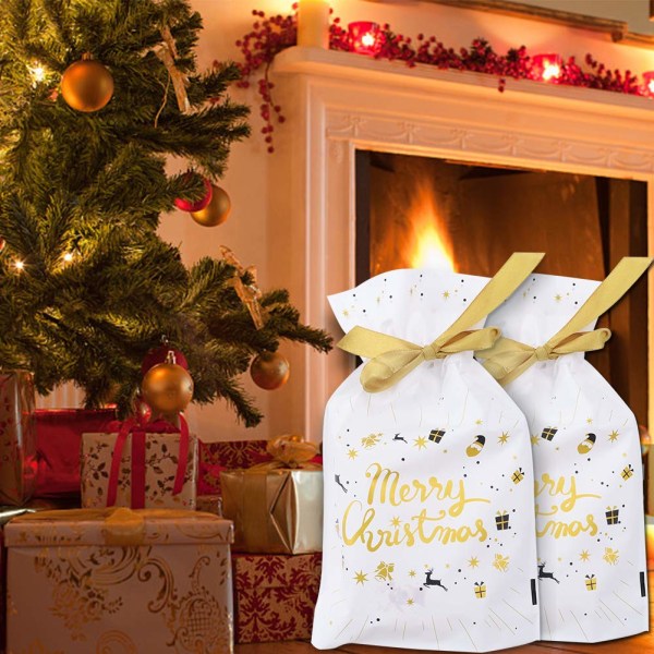 Guld god jul 48-50 st juldragssnöre Presentpåsar Julgran Presentförpackningspåsar Presentpaket Påse Plast Godis Godis Chokladpåse
