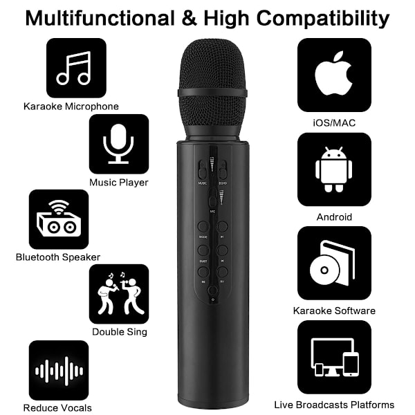 Karaoke trådlös mikrofon bärbar handhållen Bluetooth-högtalare mikrofon, trådlösa mikrofoner Karaoke-maskin Hem KTV-spelare Black