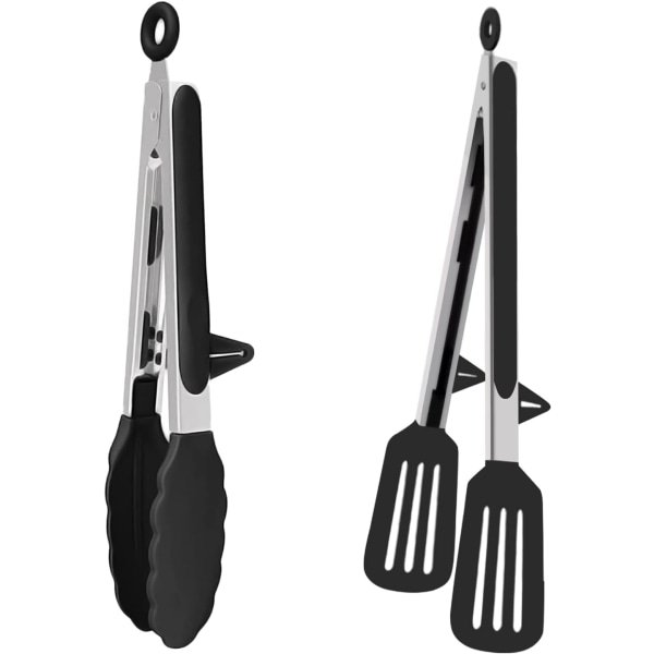 Kitchen Tongs-2 Pack Kitchen Tongs Non-Slip Stainless Steel Cooking Tongs Set Cooking Tongs Silicone Tongs for BBQ,Frying，Salad & Cooking(Black)