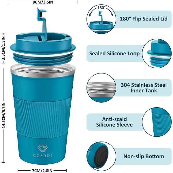 Matkamukit, eristetty kahvikuppi vuotamattomalla kannella - ruostumattomasta teräksestä valmistettu kahvimuki kuumalle ja kylmälle kahvivedelle ja teelle (sininen, 380 ml)