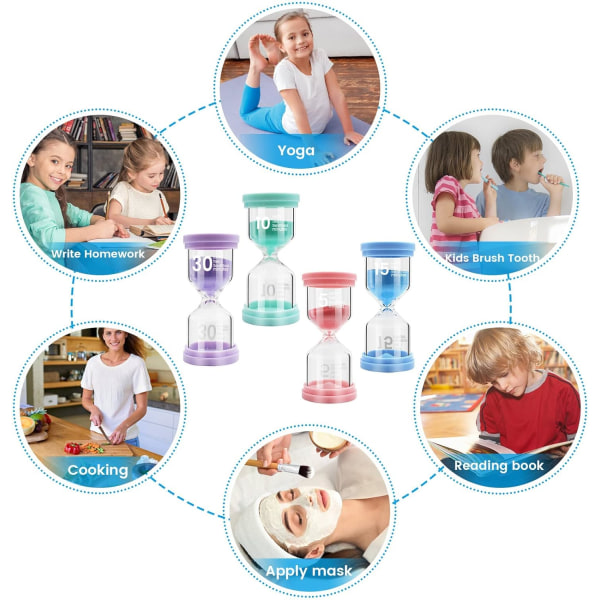 Sæt med 4 timeglas, farvet timeglas-sæt i transparent glas, sandur 5 min/10 min/15 min/30 min - timeglas-timer