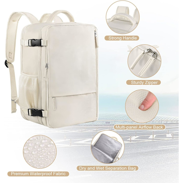 Resväska för kvinnor, expanderbar 40L handbagage godkänt ryggsäck, 17 tum bärbar vattentät resväska för college, resor, arbete, beige