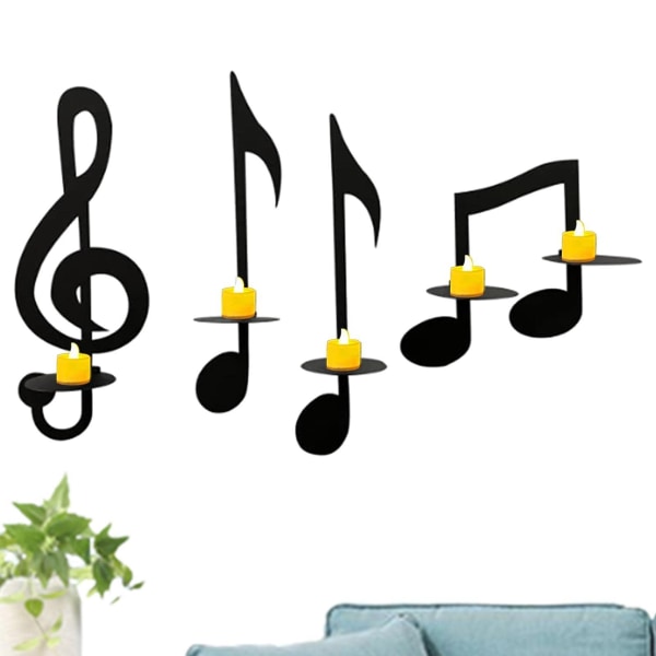 4 stk musikknote lysestake, svart musikknote Vegglampe Jern lysestake dekorasjoner, telys stearinhylle, hengende veggskilt musikkdekor