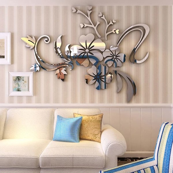 3D-seinätarra kukkia peili seinätarra kukkia tarra modernia taidetta seinäkoriste tarra olohuoneeseen eteiseen makuuhuone kodin sohvaseinä silver