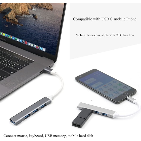 Mini USB C -keskitin 4-in-1 - USB C - USB-sovitin - Moniporttisovitin MacBook Airille - USB Type C - Harmaa
